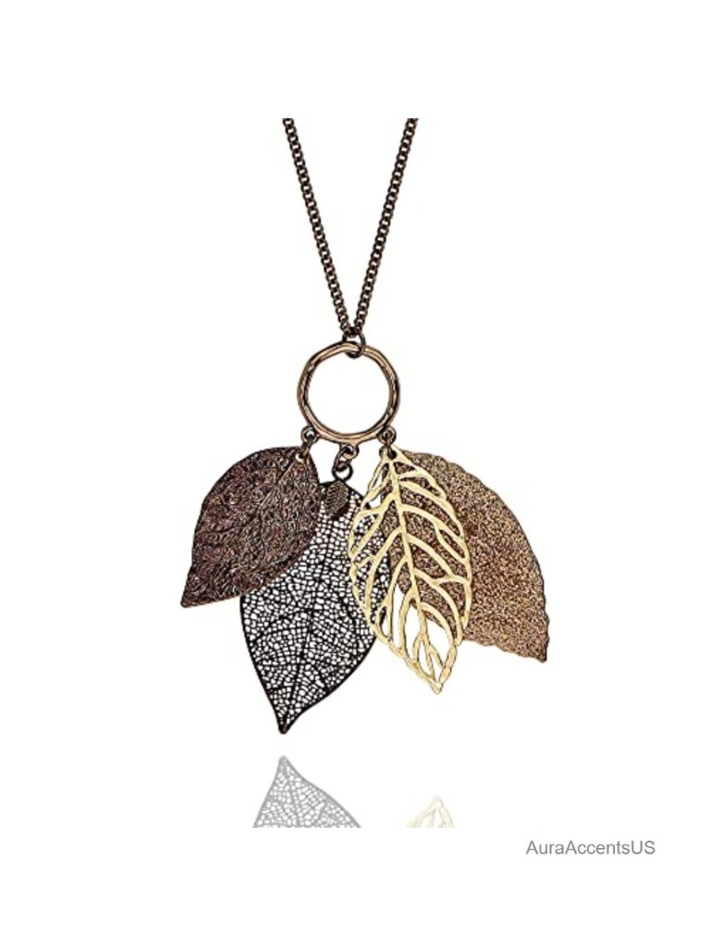 Gold Plated Two Tone Filigree Leaf Pendant Long Necklace 34" Sweater Chain